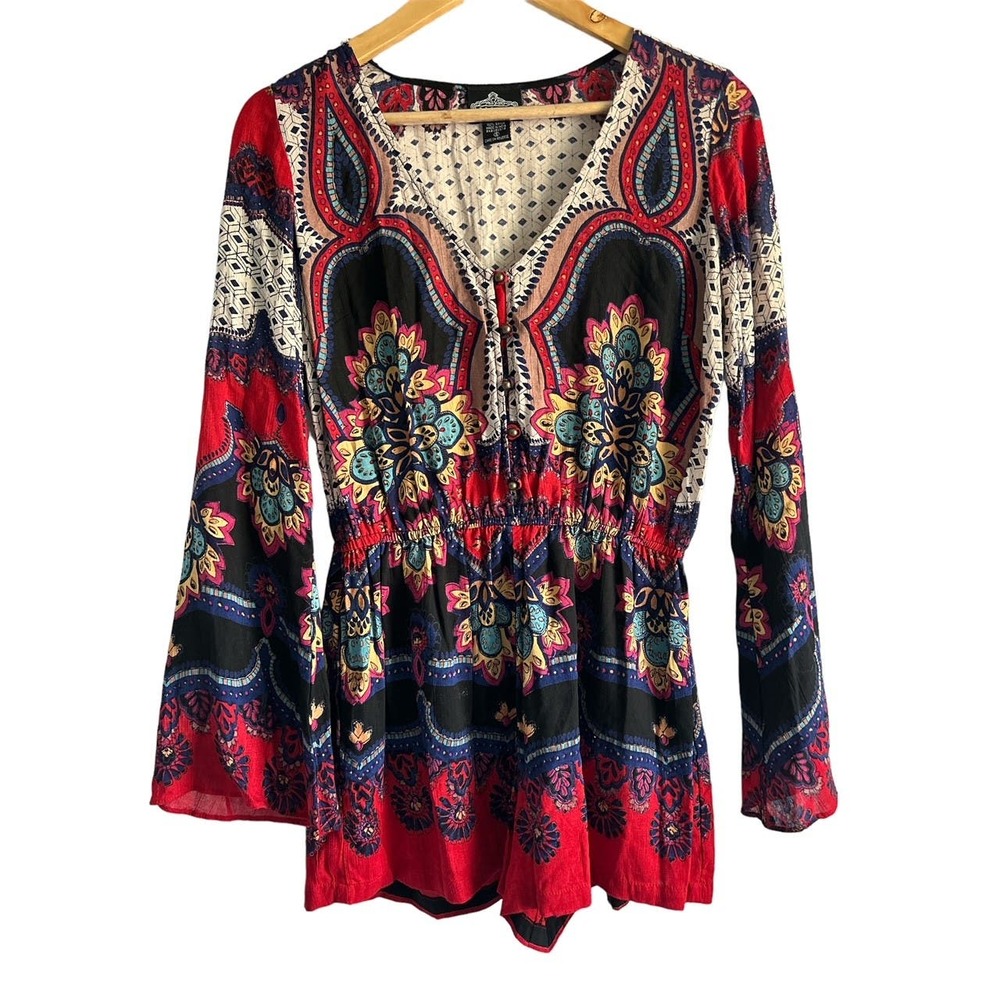 Angie Women’s Size Small Boho V Neck‎ Bell Sleeve Paisley Jumpsuit Romper